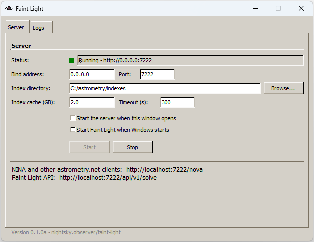 The desktop GUI: a small window with the server settings, Start and Stop, and the log