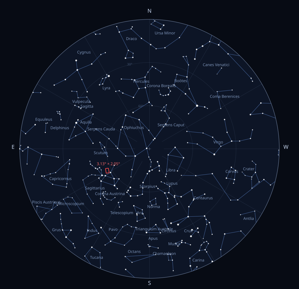 Sky chart for a frame of Messier 22: the whole local sky as an azimuthal-equidistant projection with constellation figures, and the 3.13° by 2.05° field outlined in red next to Sagittarius